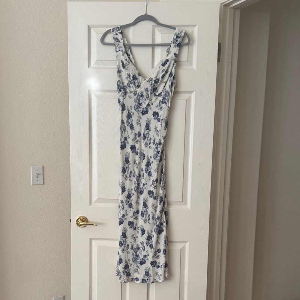 Reformation Blue and White Bodycon Midi Dress